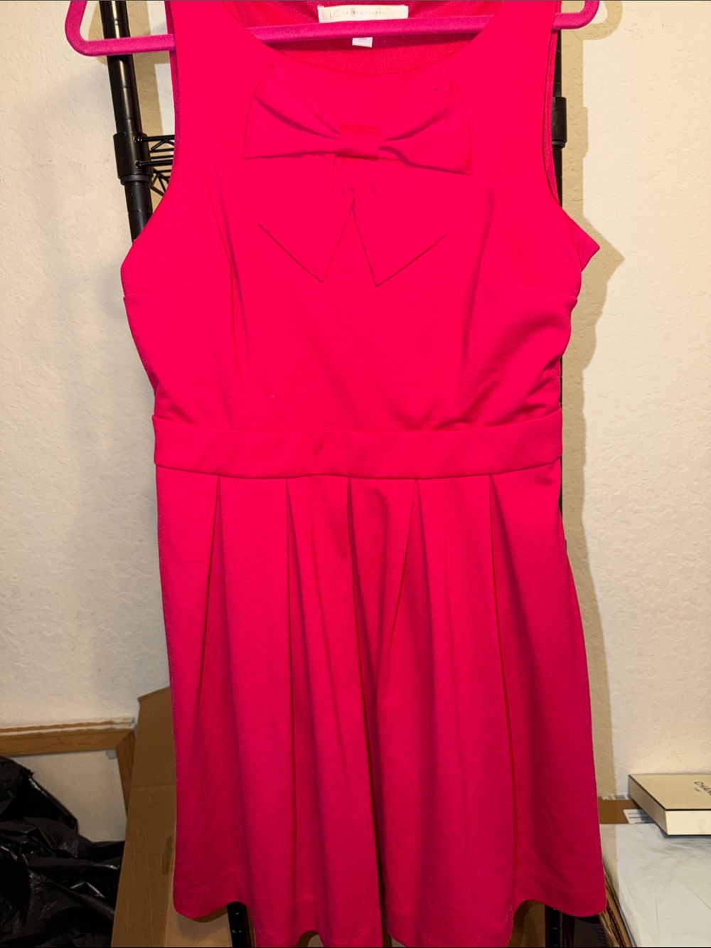 LC Lauren Conrad Bright Hot Pink Sleeveless Midi Dress with Bow Front